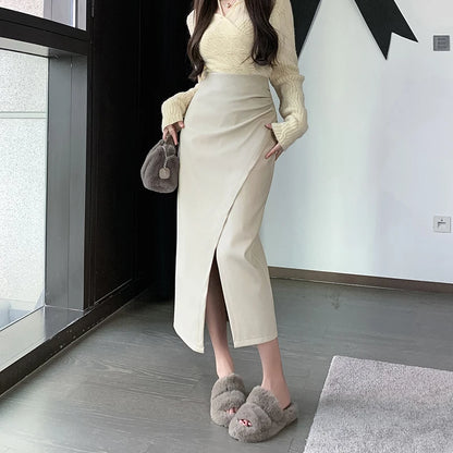 Autumn Winter Front Split PU Leather Long Skirts