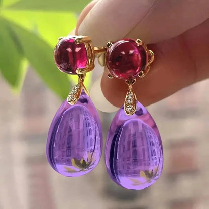 Luxurious Gold Red Stone Amethyst Sparkling Drop Earring Set