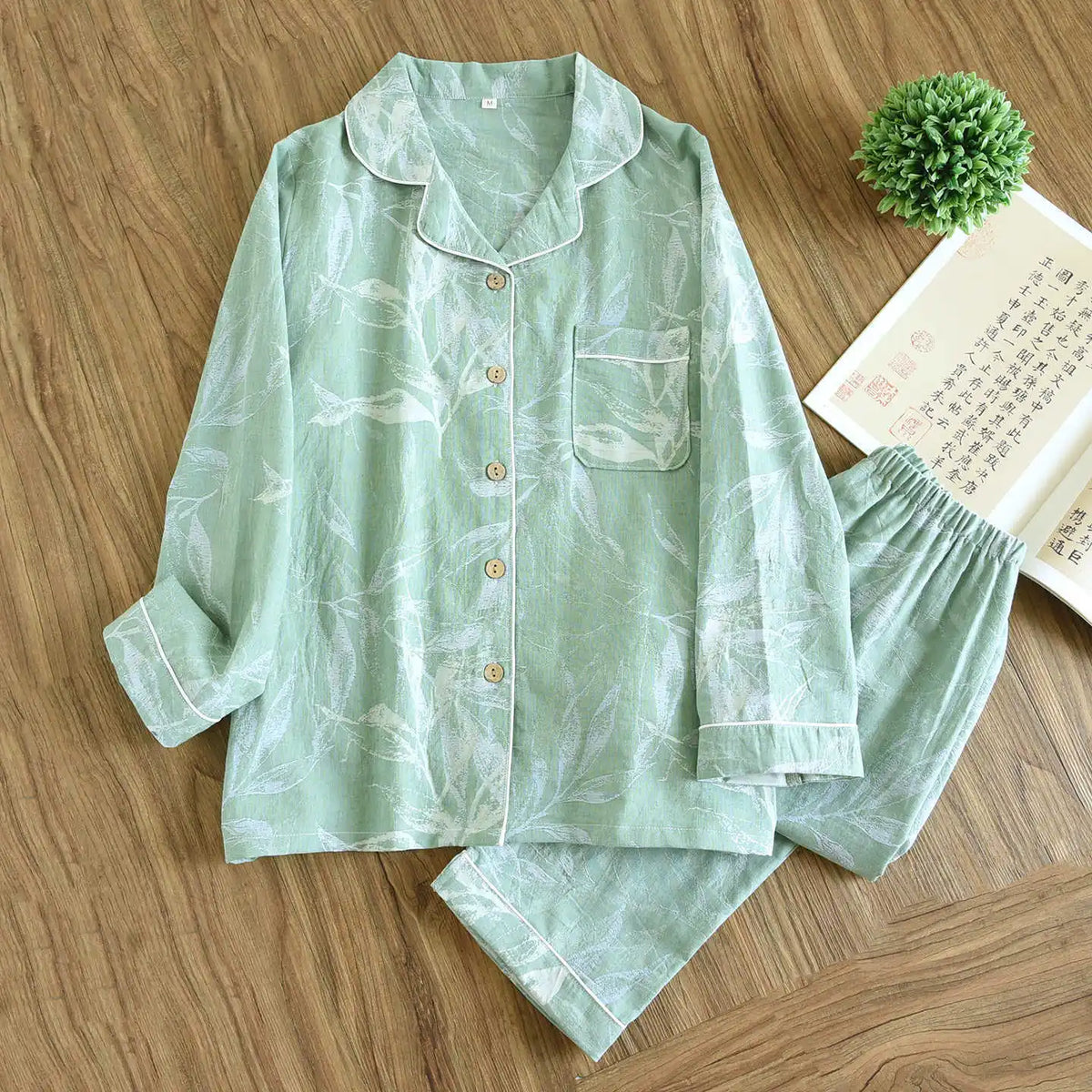 Suit Long-sleeved Trousers 100% Cotton Crepe Flower Leaves Pajama Sets
