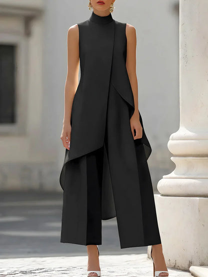 Sleeveless High Neck Jumpsuit With Asymmetric Draped Overlay Wide Leg