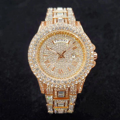 Luxury Diamond Bling Iced Hip Hop Golden Stainless Steel Quartz Watch