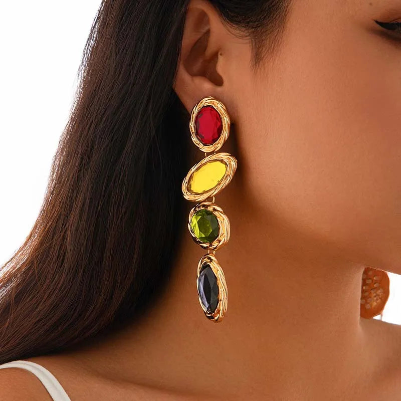 Exaggerated Colorful Crystal Long Pendant Earrings