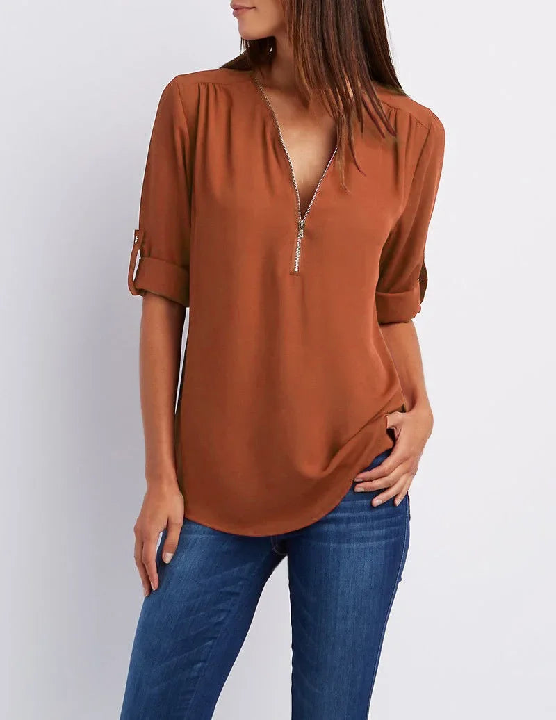 Loose Shirt Deep V Neck Chiffon Blouse