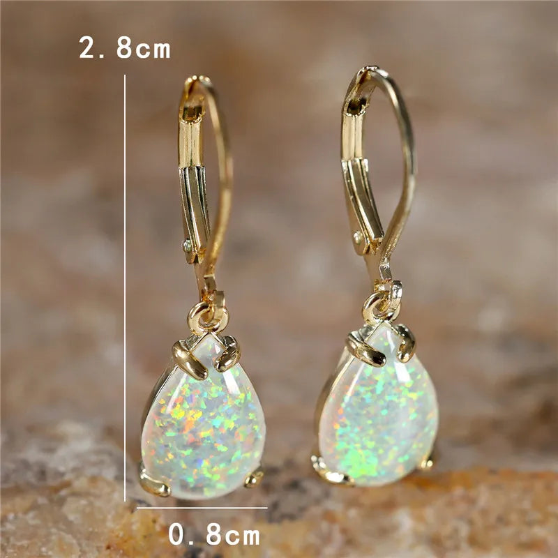 White Fire Opal Stone Classic Gold Color Water Drop Earrings