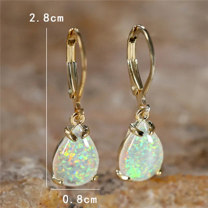 White Fire Opal Stone Classic Gold Color Water Drop Earrings