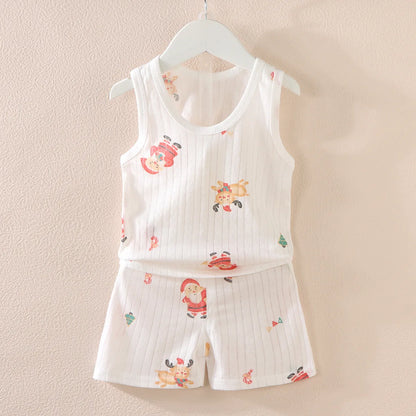 Cartoon Thin Style Sleeveless Baby Pajamas Set