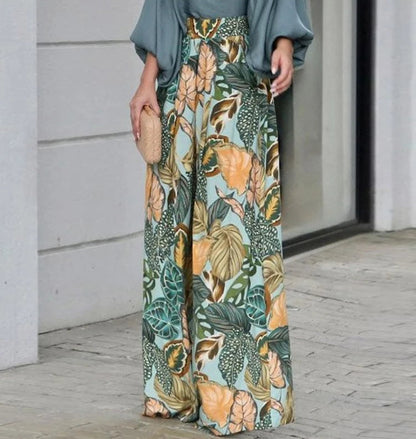 Autumn Solid Long Sleeve T-shirts & Digital Print Wide Leg Pants Set