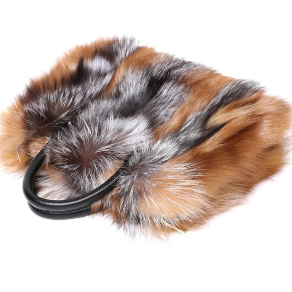 Real Fox Fur Large Size Plush Crossbody Luxury Handbags Fluffy Tote Bag