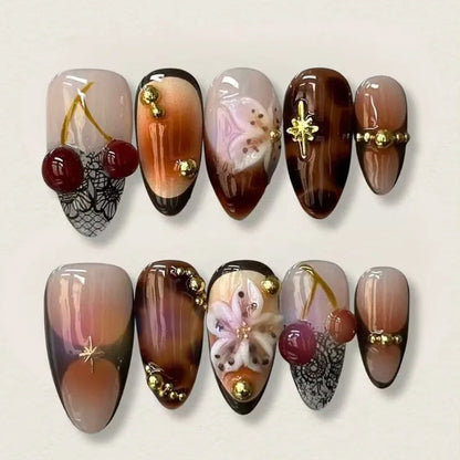24Pcs Gilded 3D Flower Press on Nails Black French Leopard Print False Nails