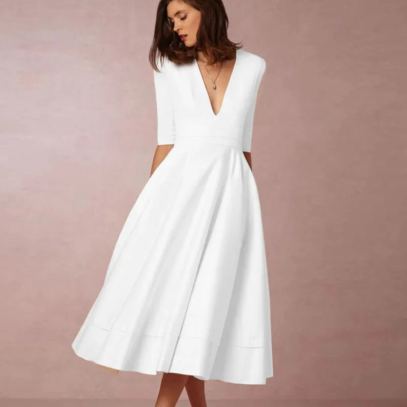 Short Sleeve V-neck Slit Solid High Quality Long Dress