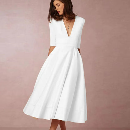 Short Sleeve V-neck Slit Solid High Quality Long Dress