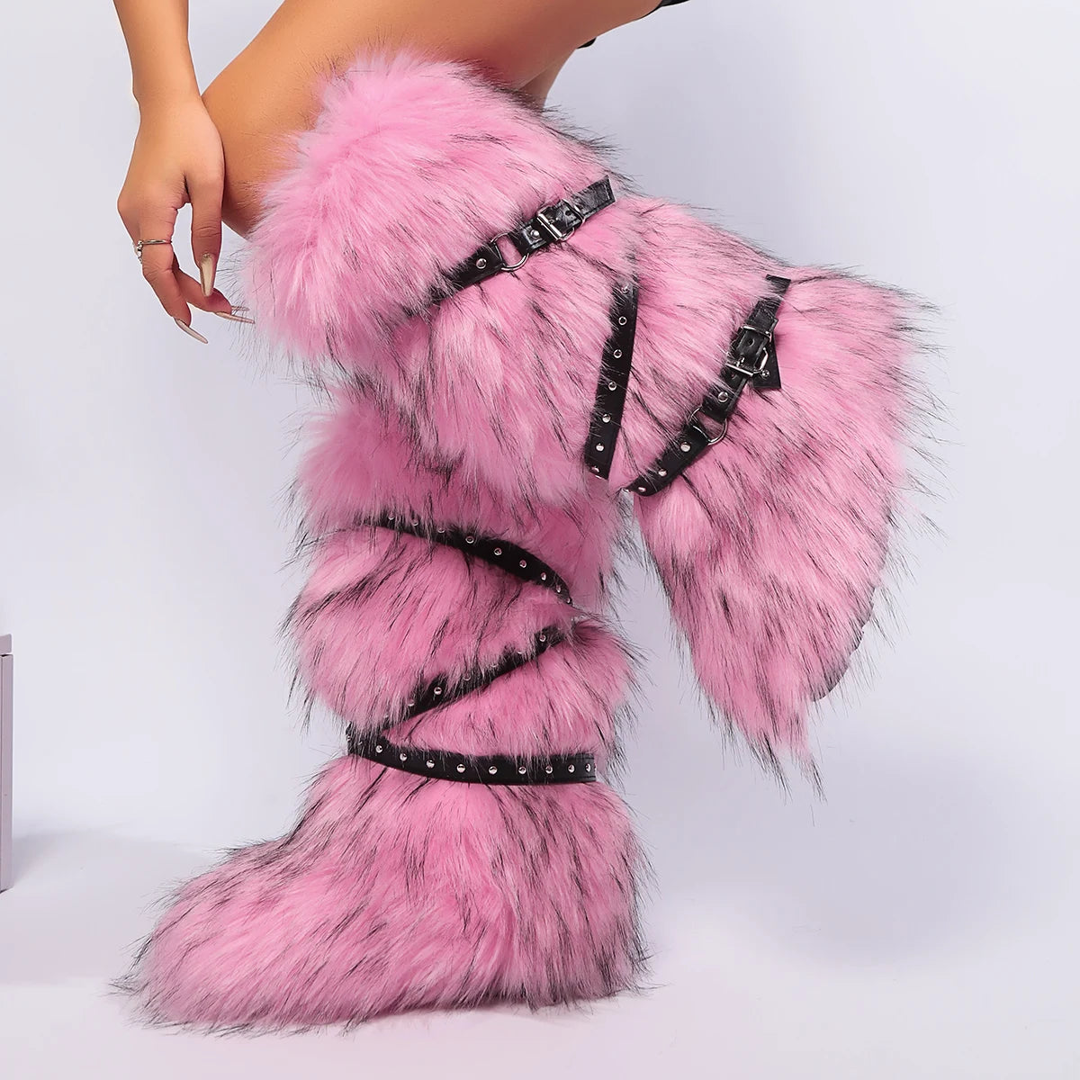Red Animal Fur Belt Buckle Mid-Calf Boots