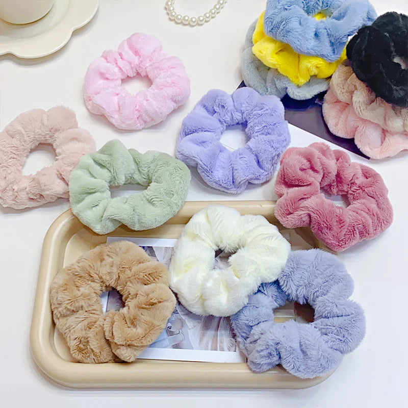 Solid Soft Plush Wide Hair Band Ponytail Holder Hair Tie Fluffy Rubber Band