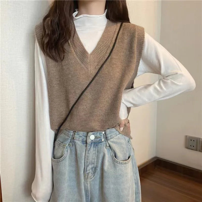 V-neck Knitted Vest Vintage Sleeveless Sweater Waistcoat Korean Chic