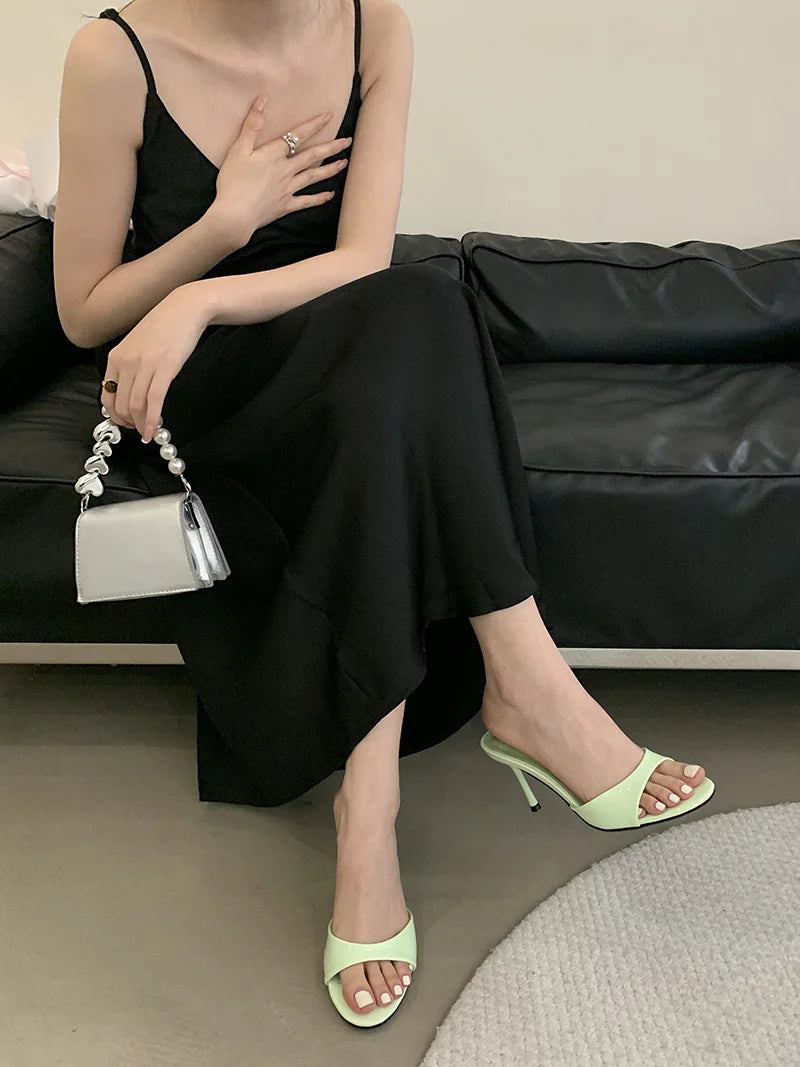 Leather Open Toe Thin High Heels Slipper