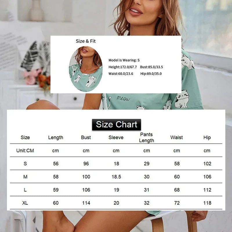 Short Sleeve Nightwear Cartoon Print Pyjamas Set