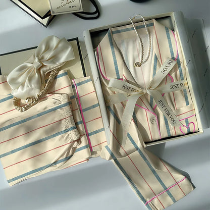 Contrast-Striped Ice-Silk Long-Sleeved Lightweight  Homewear Pajama Sets