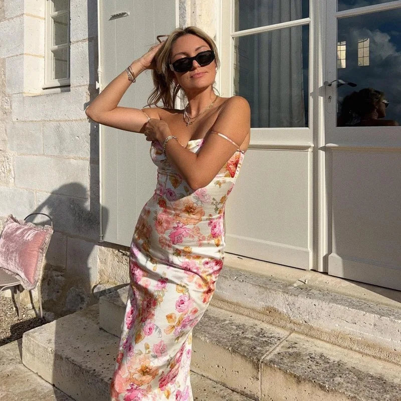 Floral Split Slim Sleeveless Spaghetti Strap Dress Mini Dress