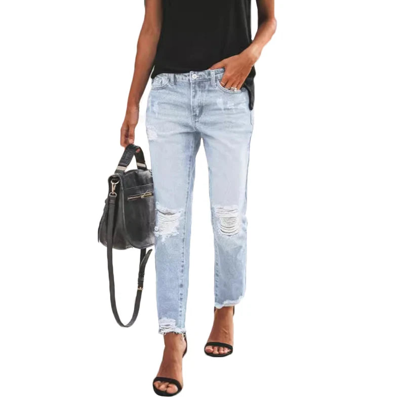 Slim Ripped Denim High-waisted Straight Jeans Pants