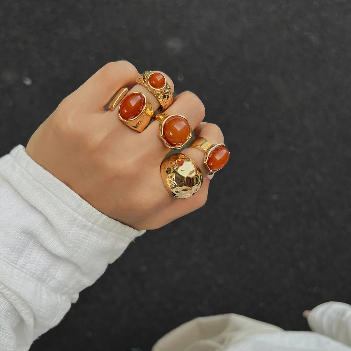 5 Pcs/Set Vintage Exquisite Inlay Acrylic Rhinestone Ring Chunky Thick Rings