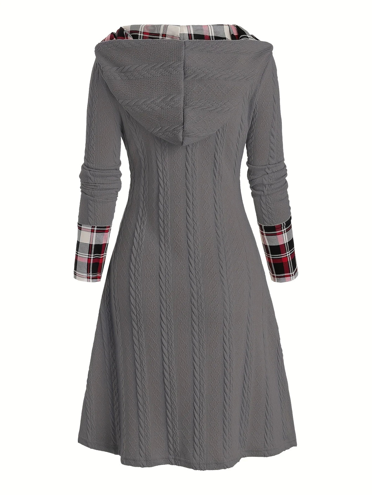 Knitted hooded plaid print stitching fake buckle high waist long sleeve dress