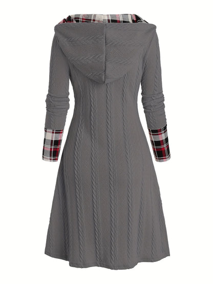 Knitted hooded plaid print stitching fake buckle high waist long sleeve dress
