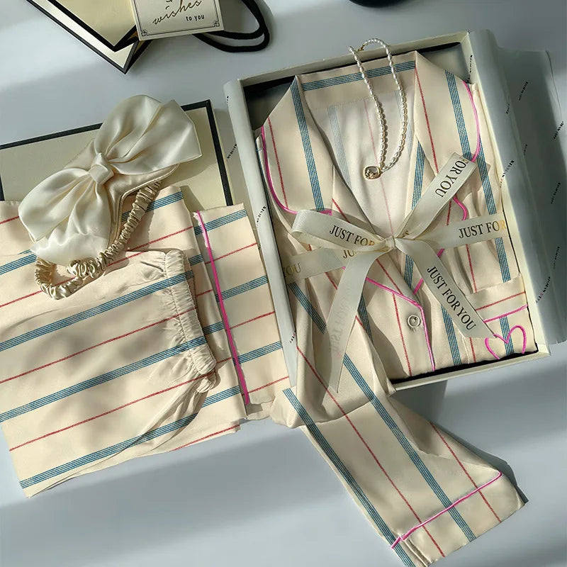 Contrast-Striped Ice-Silk Long-Sleeved Lightweight  Homewear Pajama Sets