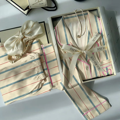Contrast-Striped Ice-Silk Long-Sleeved Lightweight  Homewear Pajama Sets