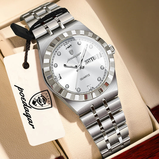 Luminous Waterproof Week Date Stainless Steel Quartz Watches
