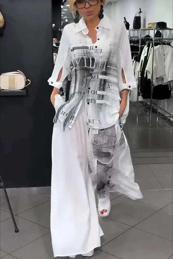 Long Sleeve Button Shirt & Wide Leg Pants Set
