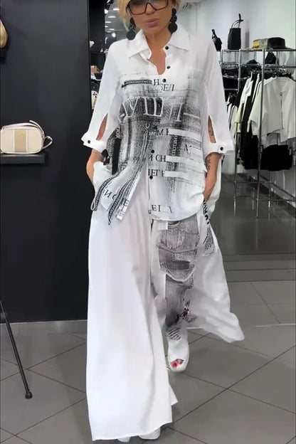 Long Sleeve Button Shirt & Wide Leg Pants Set