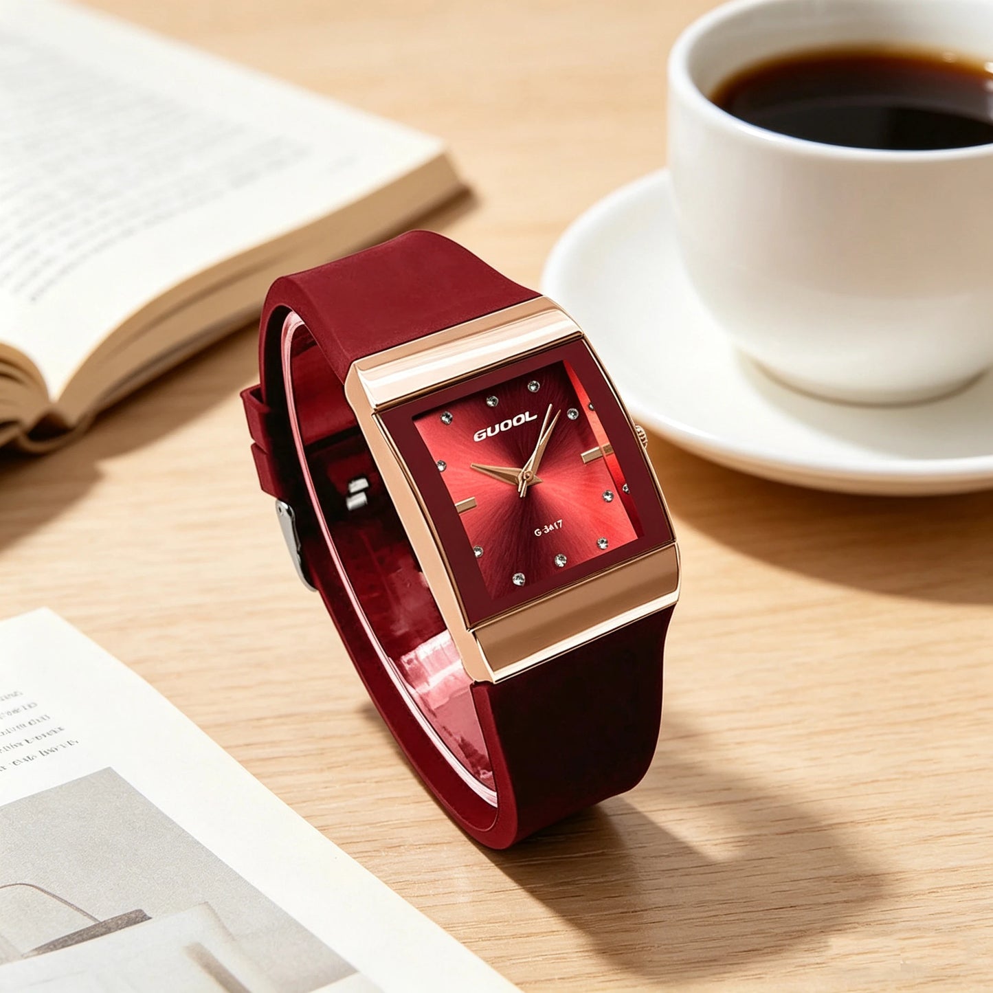 Quartz Rose Gold Square Case Black Silicone Strap Dial Crystal Watch