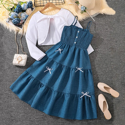 Kid Girl Long Sleeve Bow Sling Dress Set
