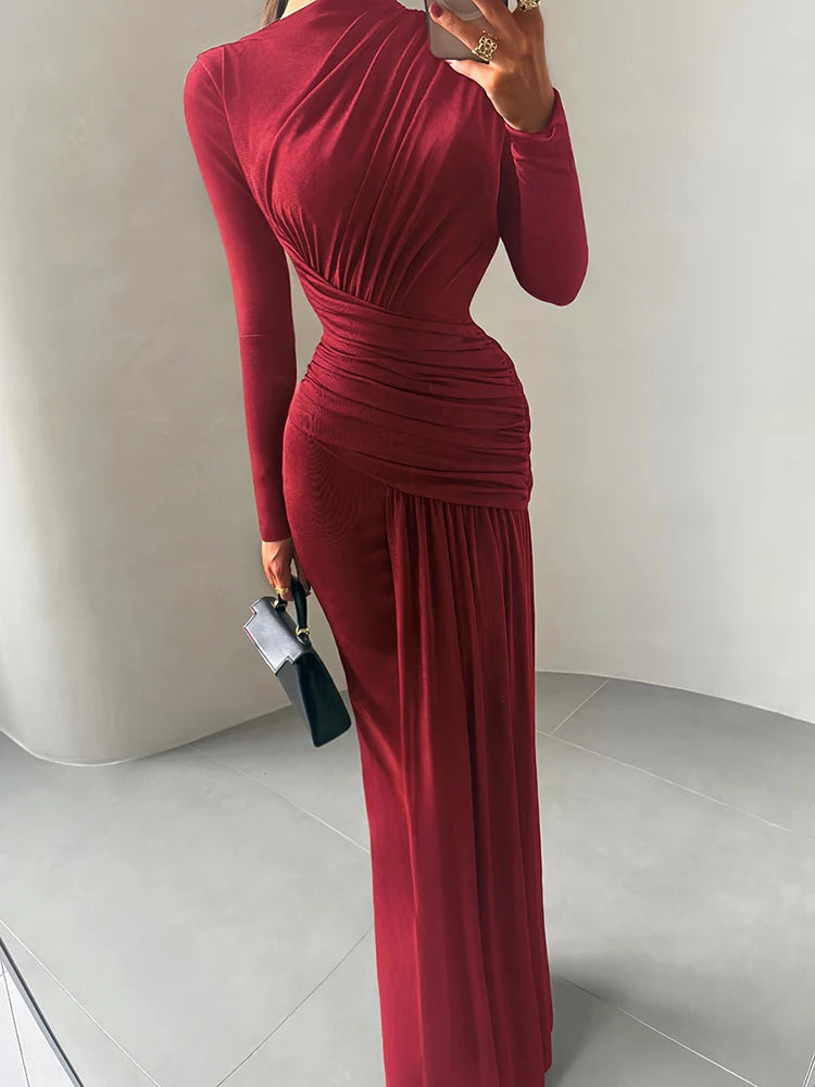 Folds Maxi Full Sleeve Elegant Skinny Dress