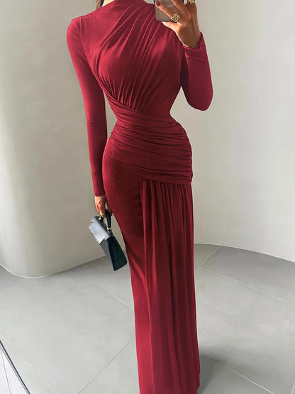 Folds Maxi Full Sleeve Elegant Skinny Dress