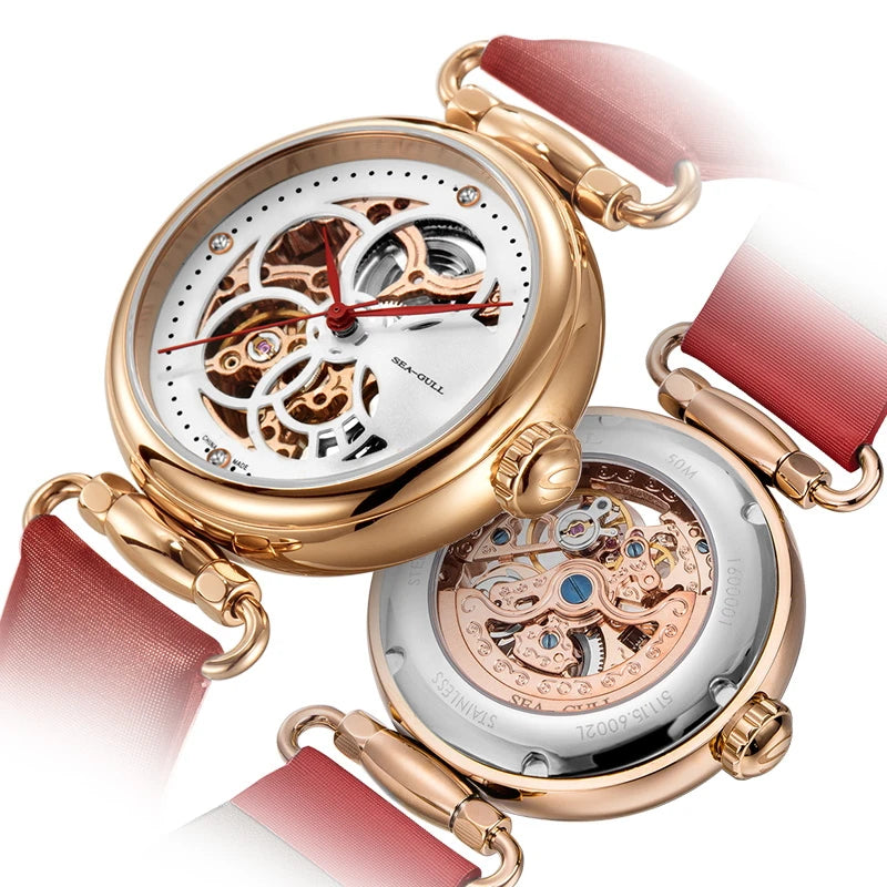 Leather Strap Waterproof Skeleton Automatic Mechanical Watch Necklace Set 6002L Series
