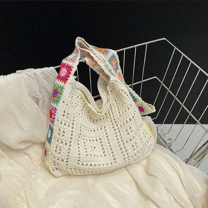 Large Capacity Boho Tote Floral Crochet Handbag