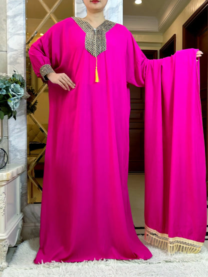 Muslim Long Sleeve Cotton With Big Scarf African Abaya