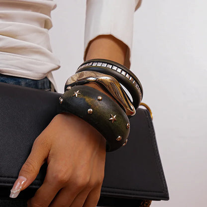 Natural Wooden Square Round Hip Hop  Rivet Beads Wide Bangles Bracelet