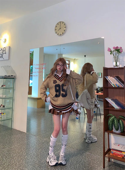 Oversized Korean Preppy Style Letter Print Loose Elegant Pullover Sweater