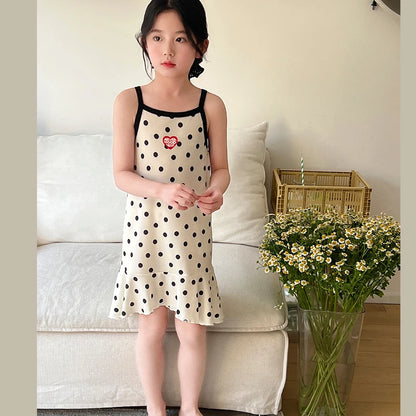 Girls Cotton Flower Dot Plaid Dress