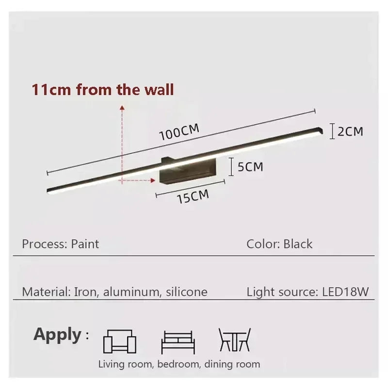 LED Wall Lamp Mirror Decor Lighting 60/80/100cm Long Strip Light
