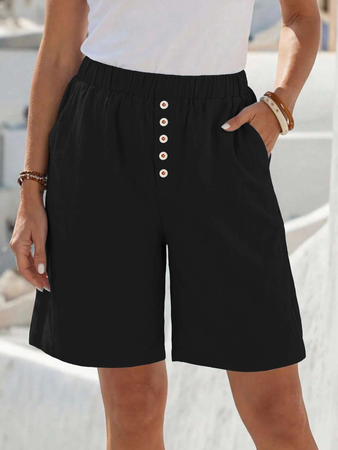 Summer Casual Loose Pocket Buttoned Linen Shorts