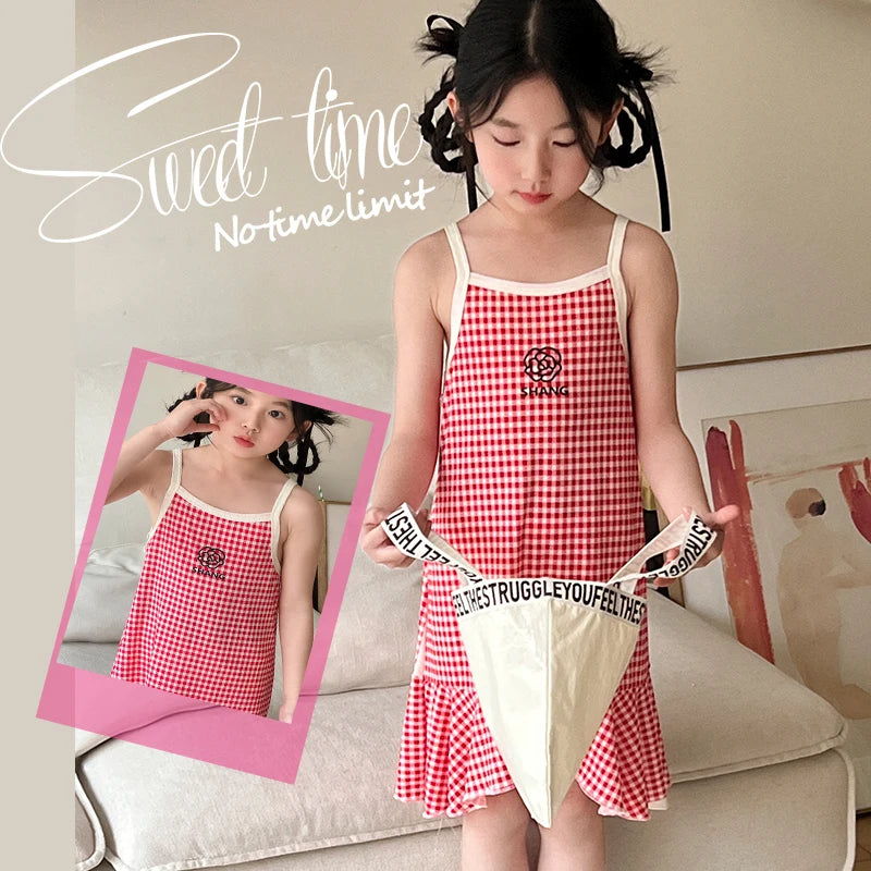 Girls Cotton Flower Dot Plaid Dress