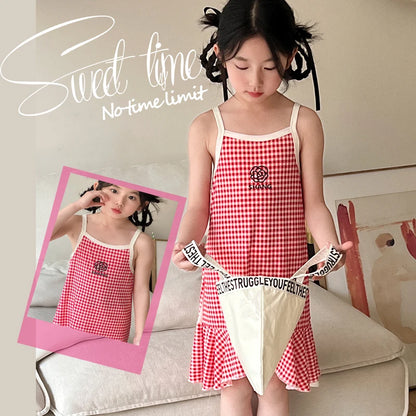 Girls Cotton Flower Dot Plaid Dress
