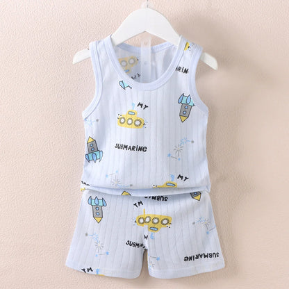 Cartoon Thin Style Sleeveless Baby Pajamas Set