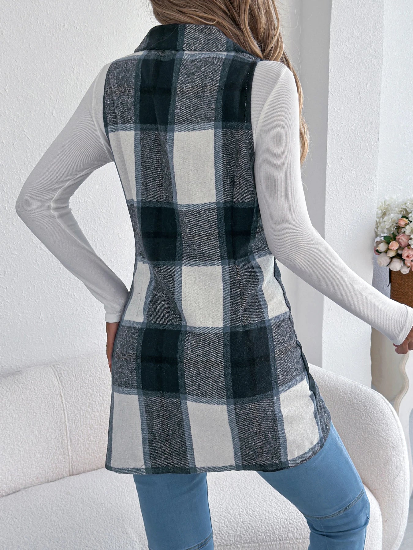 Lapel Double Breasted Plaid Vest Sleeveless Blazer