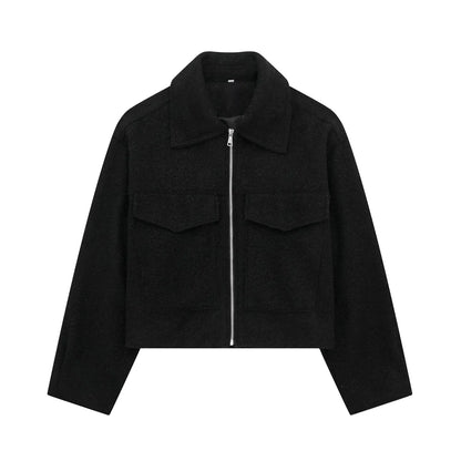 Grey Front Zipper Vintage Lapel Neck Long Sleeves Chic Jacket