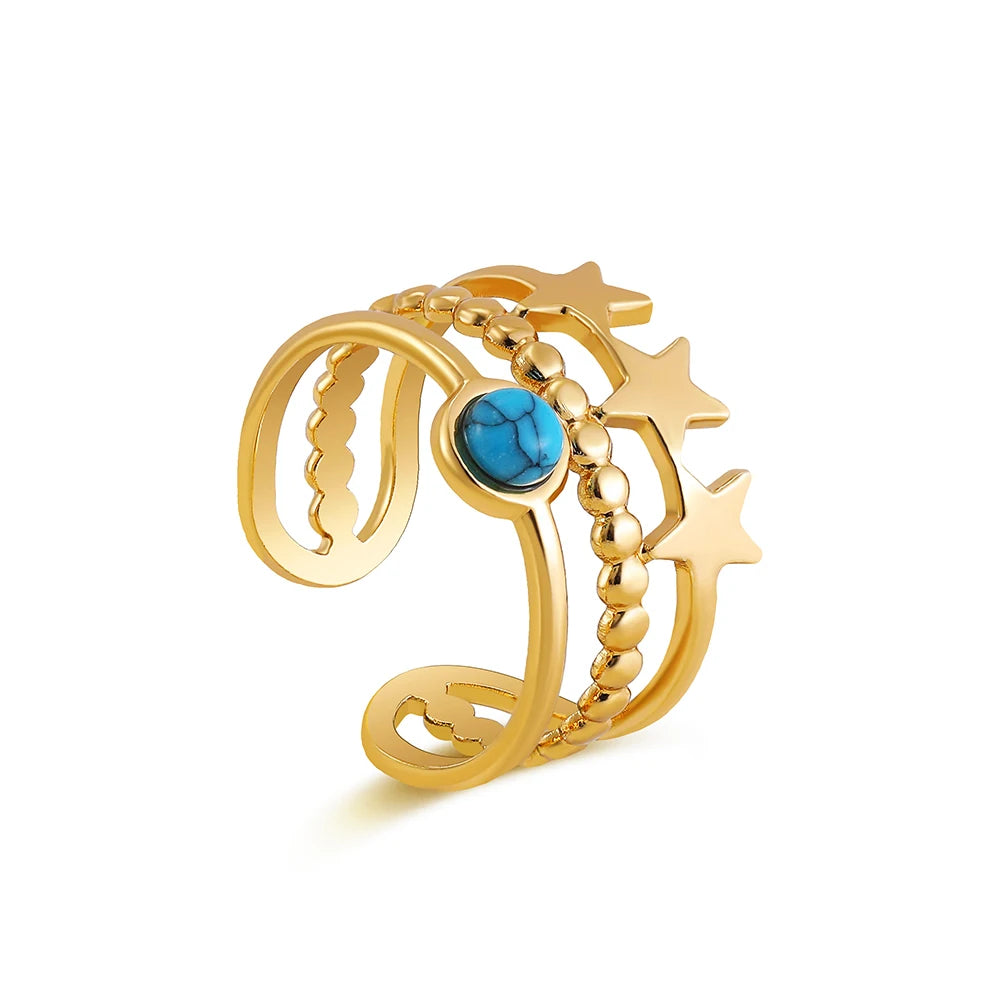 Creative Gold Plated Stainless Steel Simple Geometric Round Natural Stone Ring