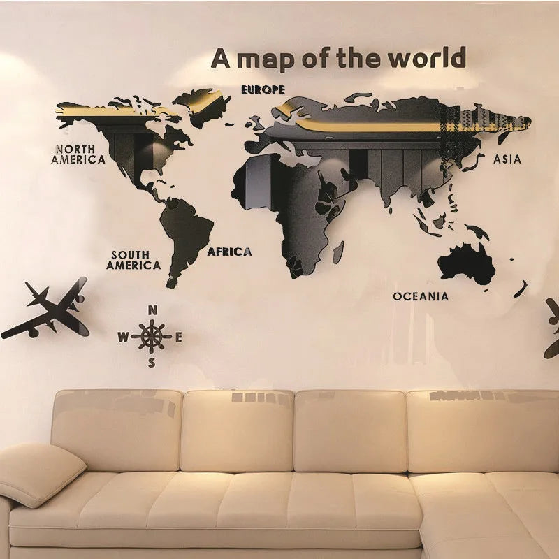 World Map Wall DIY 3D Acrylic Wall Stickers Three-dimensional Mirror Stickers
